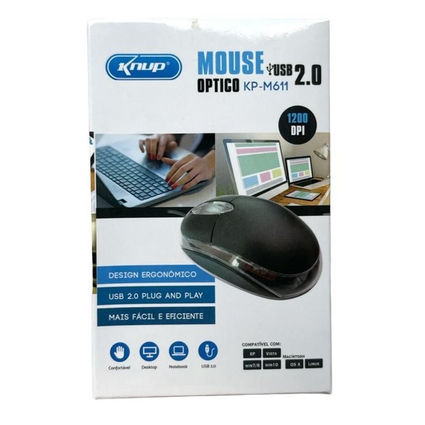 Mouse Óptico USB 2.0 Knup KP-M611 – Design Ergonômico e 1200 DPI